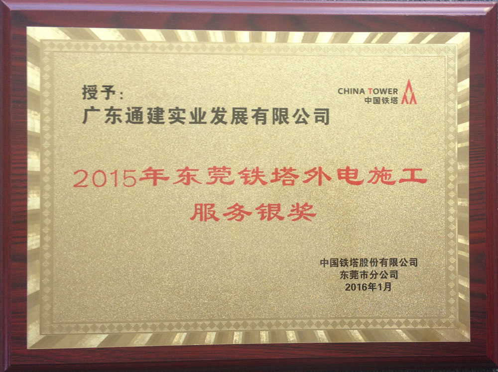 2015年?yáng)|莞鐵塔外電施工服務(wù)銀獎(jiǎng)